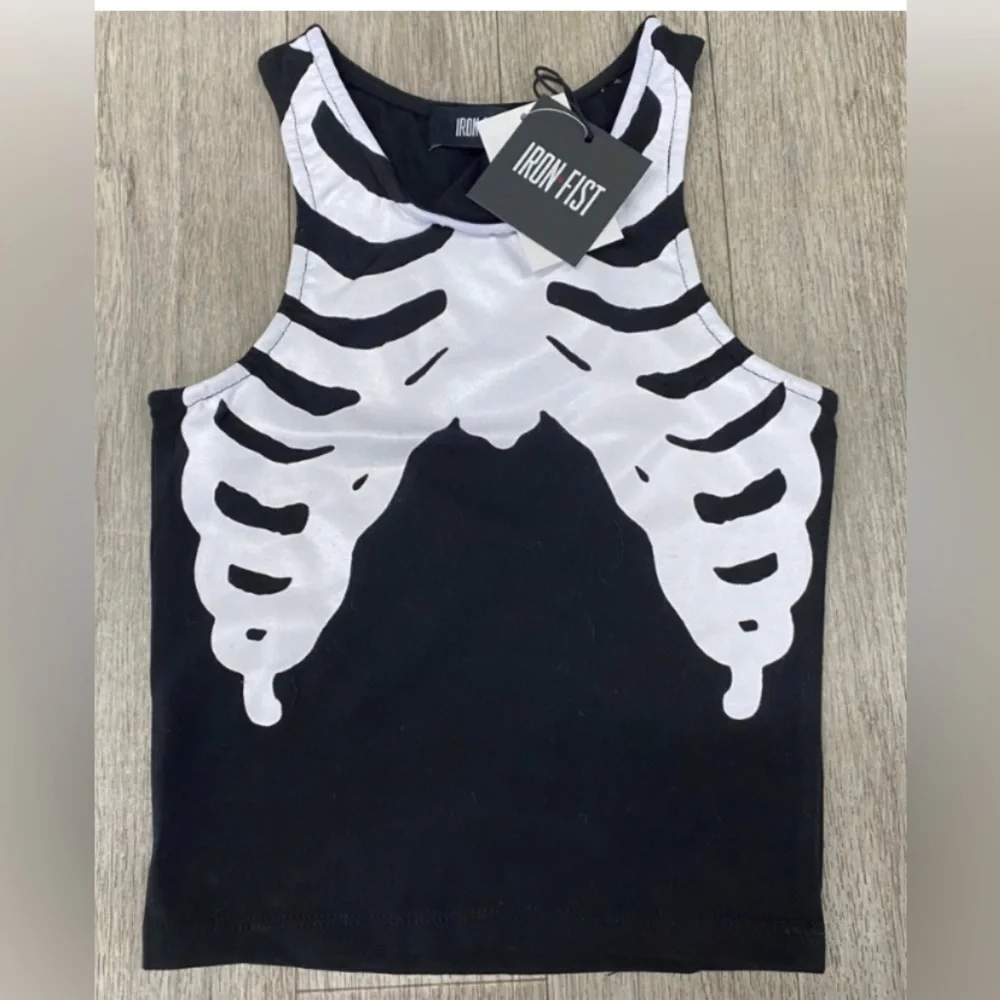 🔥IRON FIST L like SMALL SIZE CROP SUMMER TOP NWT SKULL BONES SKELETON goth punk - Picture 2 of 6